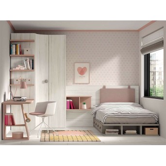 Dormitorio juvenil modelo F08 con zona de cama, armario y estudio 2