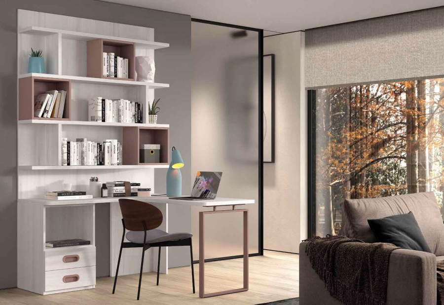 Zona de estudio con estantería diáfana y mesa de estudio