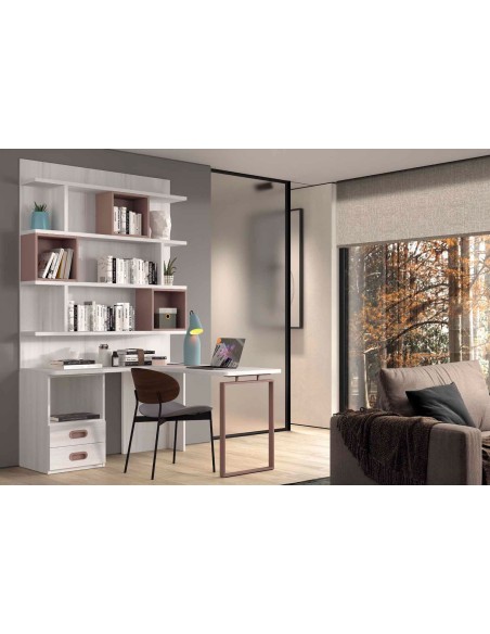 Zona de estudio con estantería diáfana y mesa de estudio