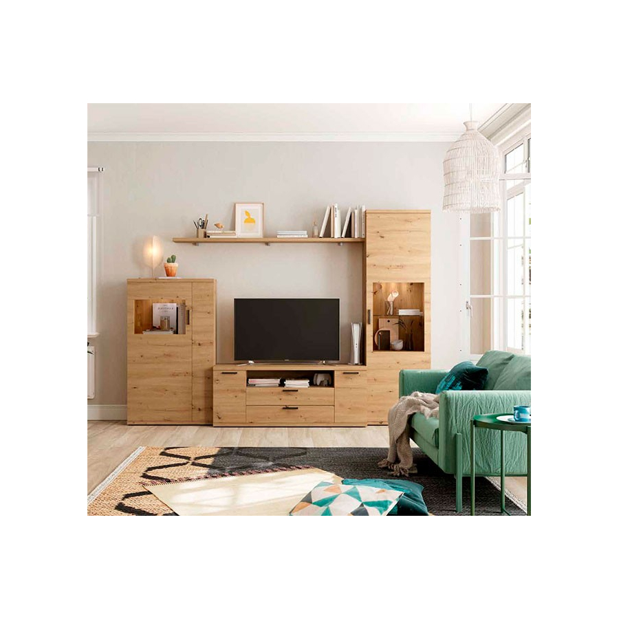 Salón modular con módulo alto, mueble tv, vitrina y estante para colgar