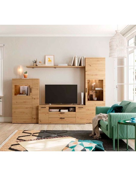 Salón modular con módulo alto, mueble tv, vitrina y estante para colgar