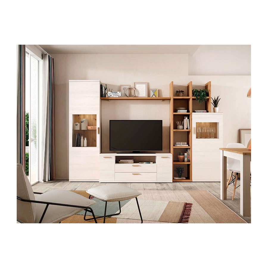 Composición modular Salón Kronos 718, con vitrina, mueble tv, bajo bar y estantería