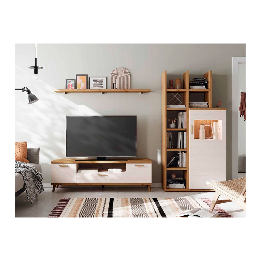 Salón Kronos 712, con estantería asimétrica con un módulo alto y mueble tv