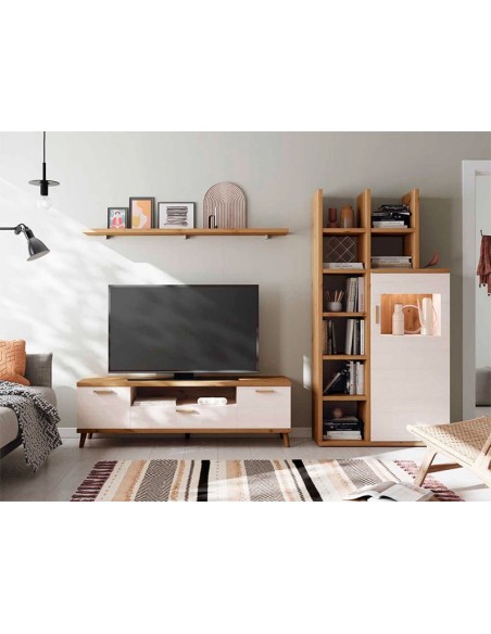 Salón Kronos 712, con estantería asimétrica con un módulo alto y mueble tv