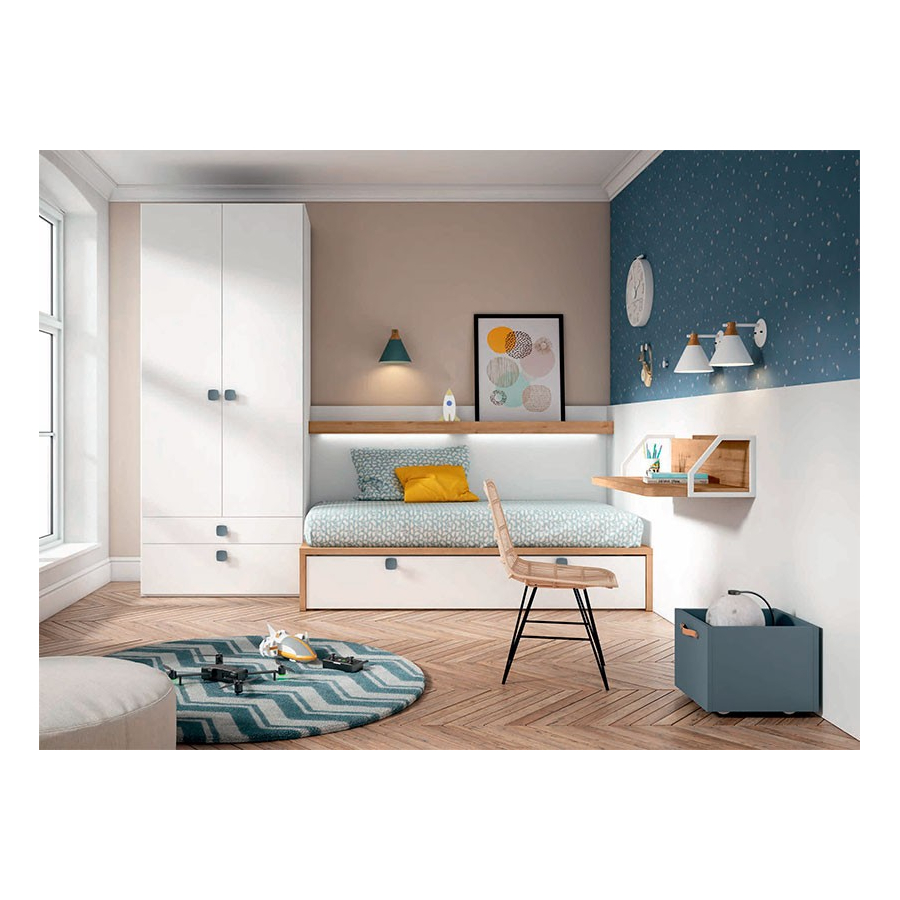 Habitación juvenil modular con zona de cama, escritorio y armario