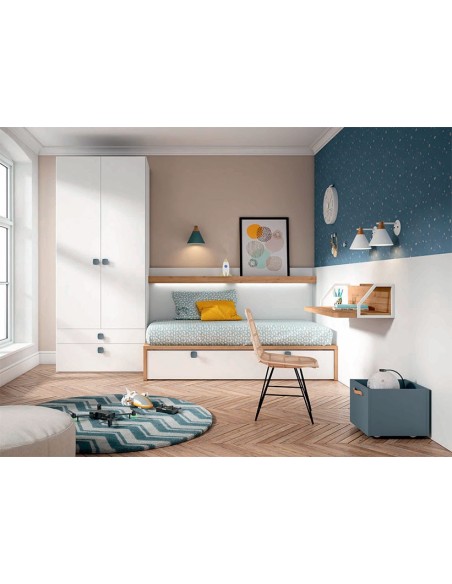 Habitación juvenil modular con zona de cama, escritorio y armario