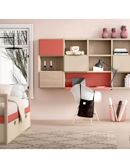 Composición modular con zona de escritorio integrado en estantería