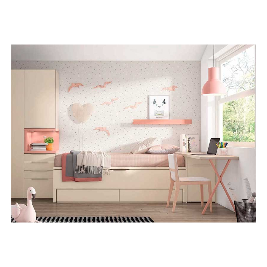 Dormitorio con zona de cama, armario y escritorio