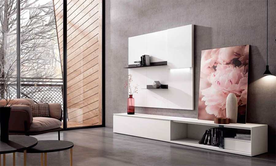 Vista en ambiente del Salón Nexa C201 de Mesegue, en cabado blanco