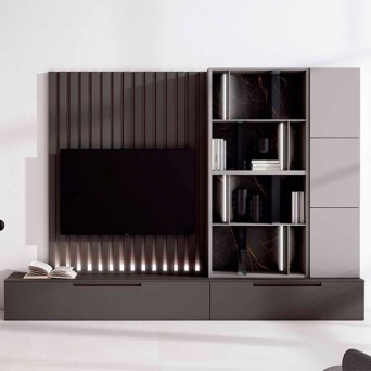 Salón Nexa C203, con módulos lacados y panel alistonado trasero