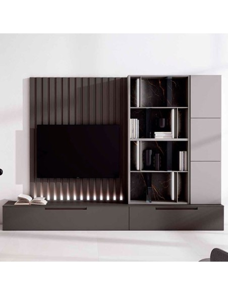 Salón Nexa C203, con módulos lacados y panel alistonado trasero