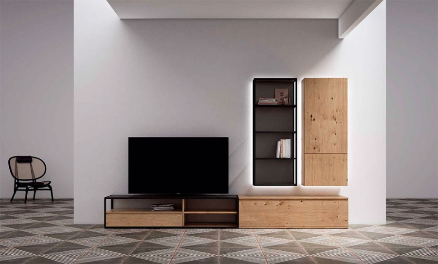 Salón Nexa C204, en roble nudos, sombra lacado y black glass