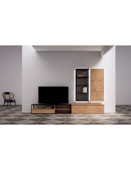 Salón Nexa C204, en roble nudos, sombra lacado y black glass