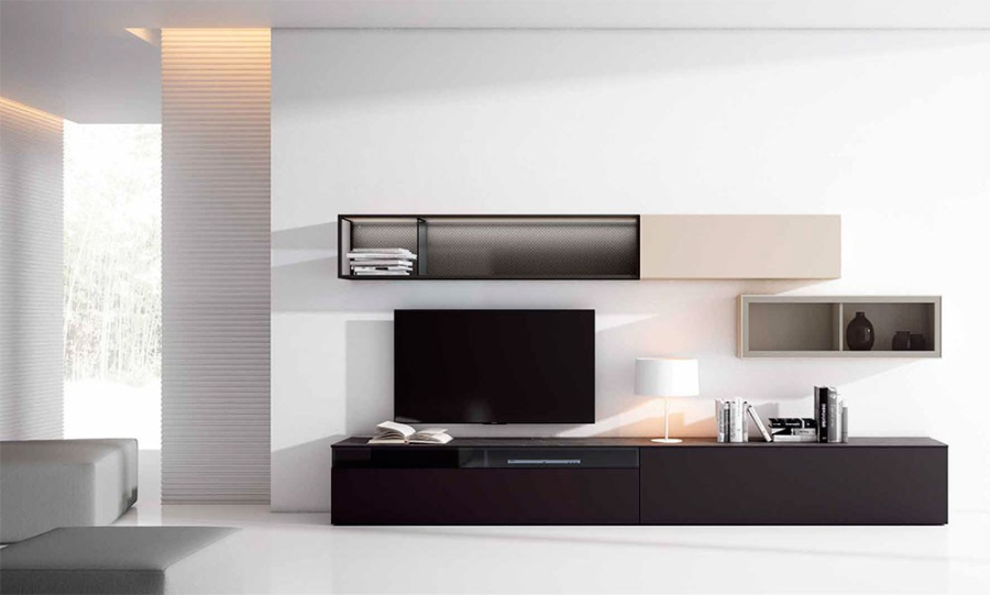 Vista ambiente del Salón Nexa C209, acabados negruzco, almendra y black glass