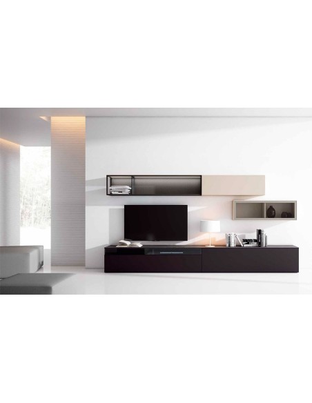 Vista ambiente del Salón Nexa C209, acabados negruzco, almendra y black glass