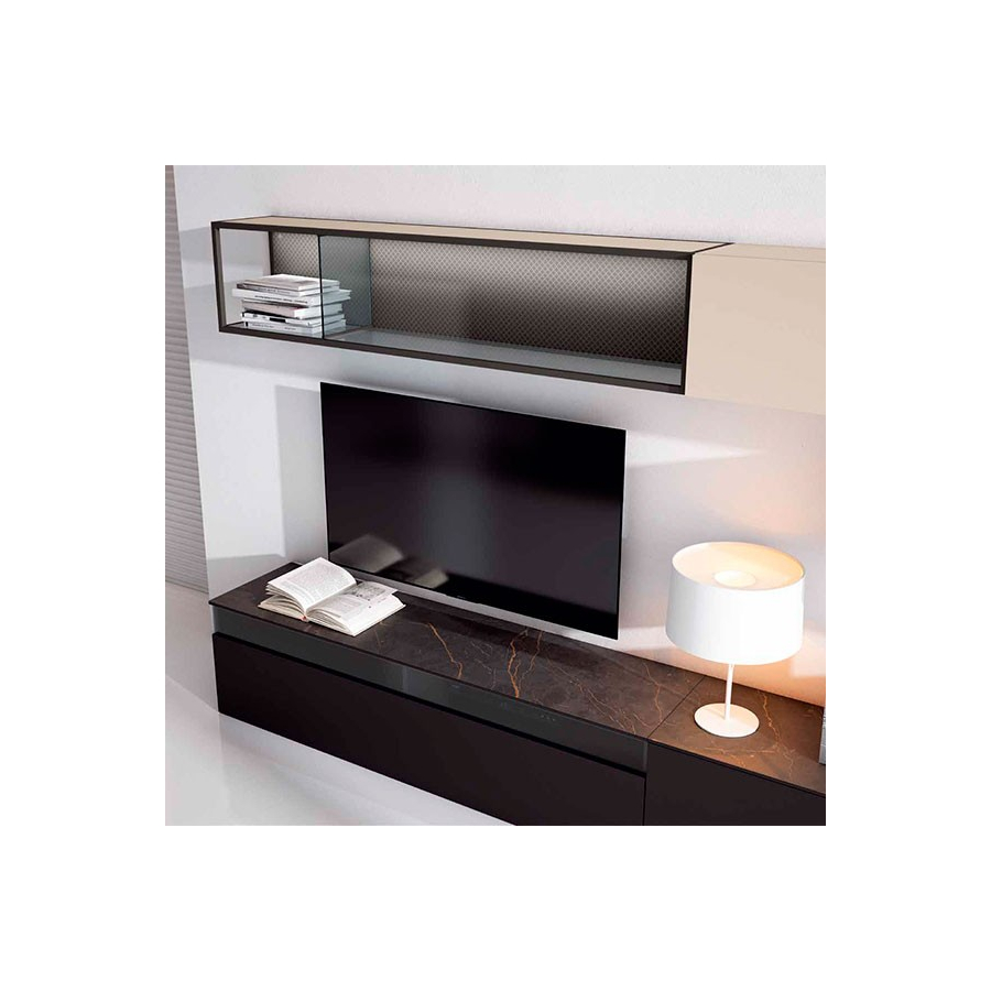 Detalle de la tapa de los módulos bajos en acabado black glass del Salón Nexa C209