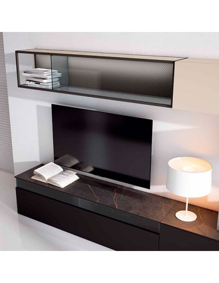 Detalle de la tapa de los módulos bajos en acabado black glass del Salón Nexa C209