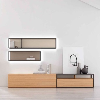 Salón Nexa C212, acabado roble, almendra, tórtora y white glass