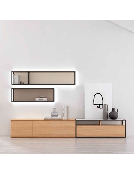 Salón Nexa C212, acabado roble, almendra, tórtora y white glass