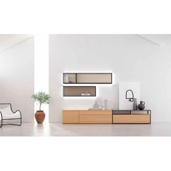 Salón Nexa C212, acabado roble, almendra, tórtora y white glass 2