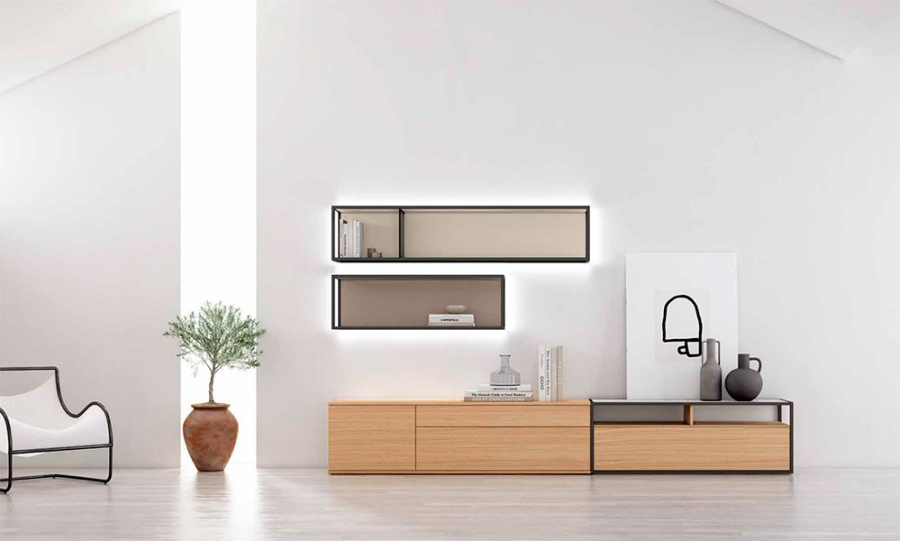 Salón Nexa C212, con módulos bajos y módulos diáfanos colgados