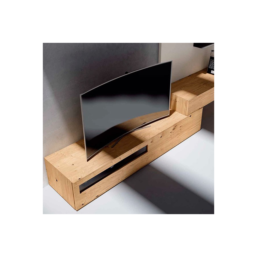 Detalle del módulo bajo con ventana izquierda con tapa del Salón Nexa C213 de Mesegue