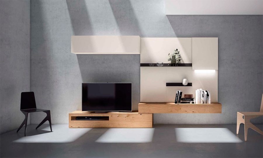Salón Nexa C213, de Mesegue, acabados roble nudos y sepia lacado