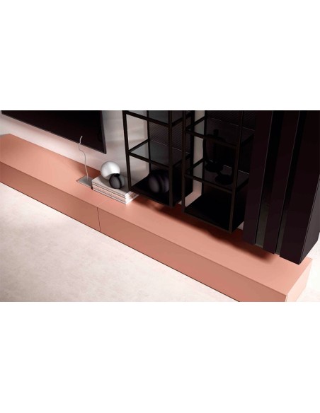 Detalle de los módulos bajos con cajón y de los módulos diáfanos colgados del Salón Nexa C214 de Mesegue