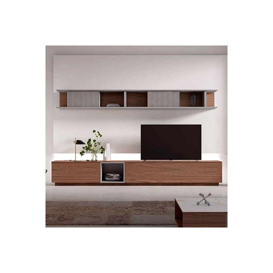 Vista frontal del Salón Nexa C215, de Mesegue, con módulo bajo y dos estanterías con hueco y puerta elevable