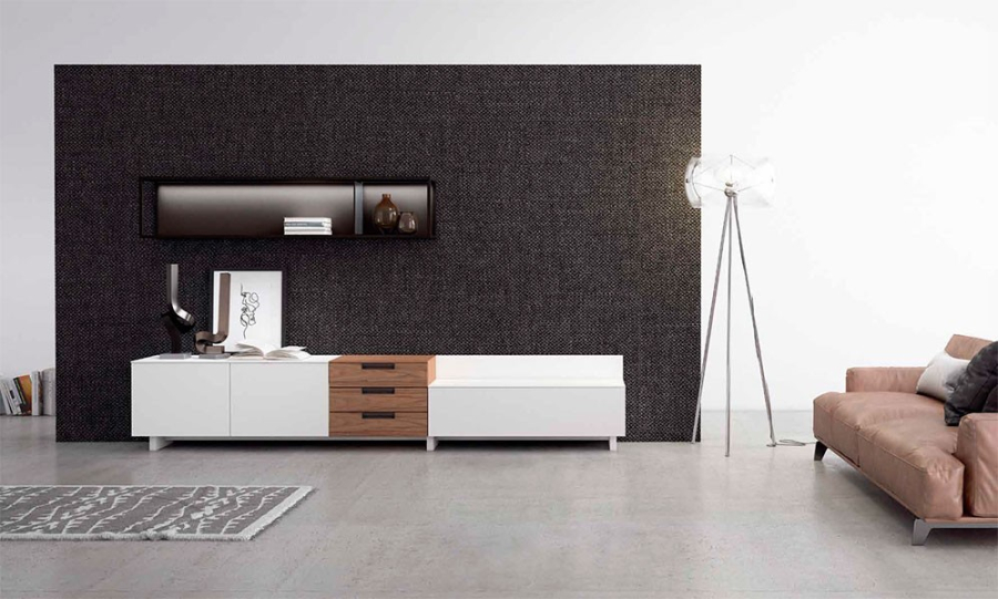 Vista en ambiente del Salón Nexa C217 de Mesegue, en nogal americano, blanco lacado y sombra lacado
