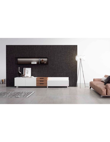 Vista en ambiente del Salón Nexa C217 de Mesegue, en nogal americano, blanco lacado y sombra lacado