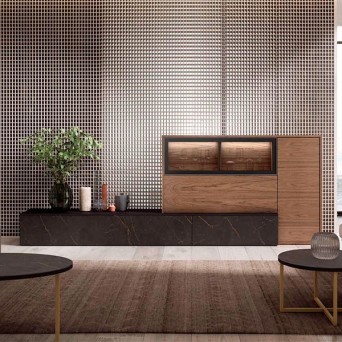 Salón Nexa C219 de Mesegue, acabado nogal americano, negruzco y black glass