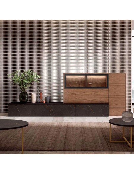Salón Nexa C219 de Mesegue, acabado nogal americano, negruzco y black glass