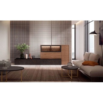 Salón Nexa C219 de Mesegue, acabado nogal americano, negruzco y black glass 2