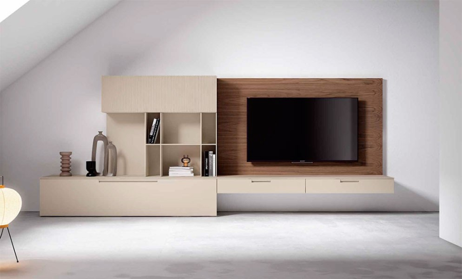 Salón Nexa C220 de Mesegue, con dos módulos bajos, módulo colgado y panel tv