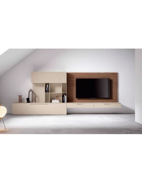 Salón Nexa C220 de Mesegue, con dos módulos bajos, módulo colgado y panel tv