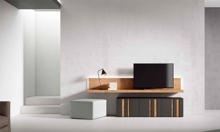 Vista en ambiente del Salón Nexa C221 de Mesegue, acabado roble nudos y sombra lacado