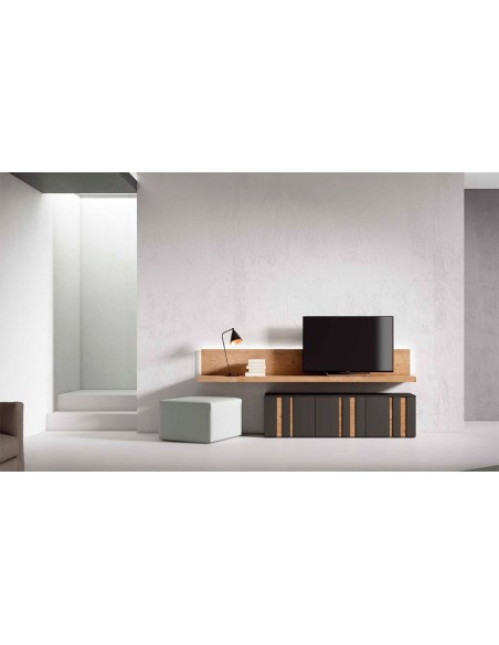 Vista en ambiente del Salón Nexa C221 de Mesegue, acabado roble nudos y sombra lacado