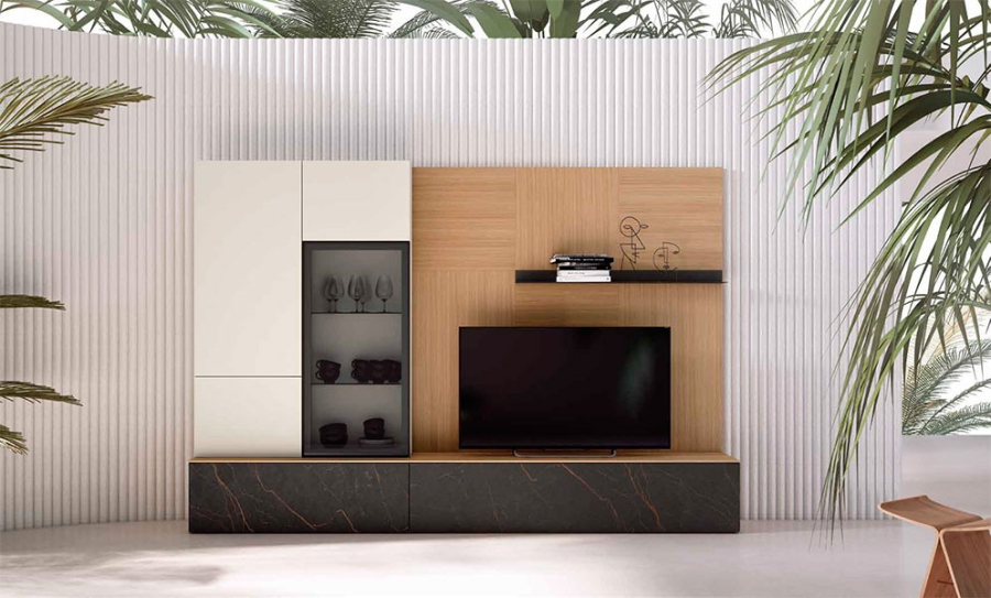Salón Nexa C22, acabado roble, sepia y black glass