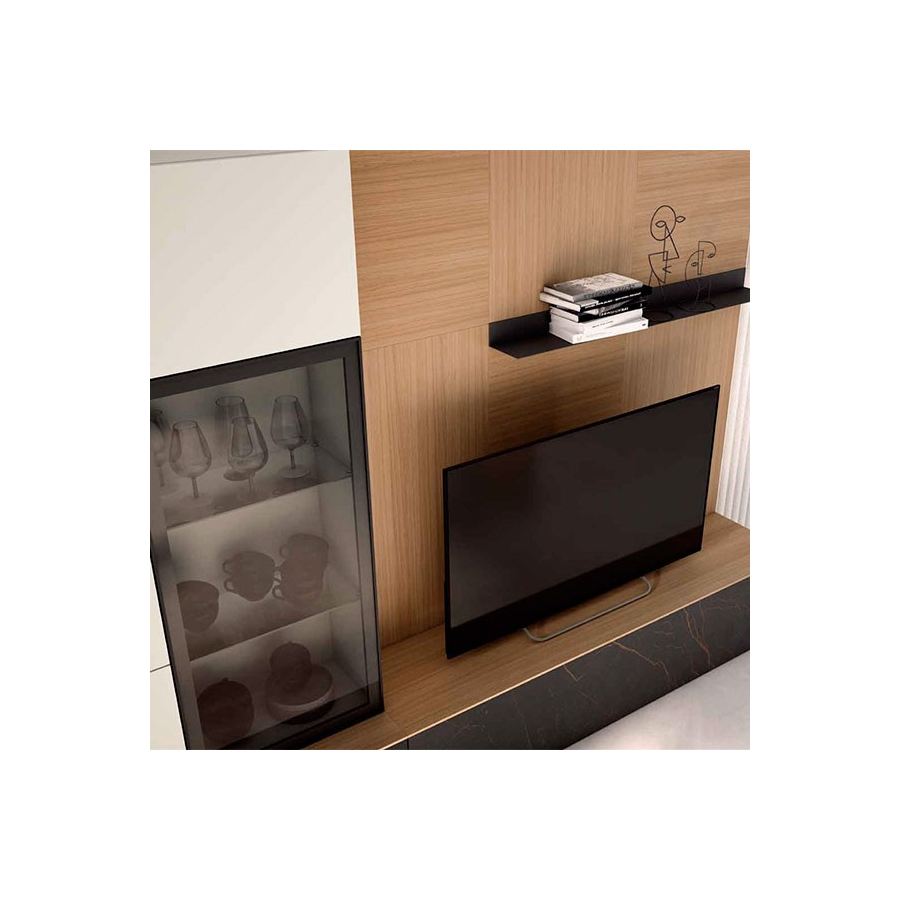 Detalle del módulo bajo con cajón y del panel tv con estante metálico del Salón Nexa C22