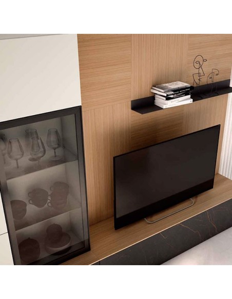 Detalle del módulo bajo con cajón y del panel tv con estante metálico del Salón Nexa C22