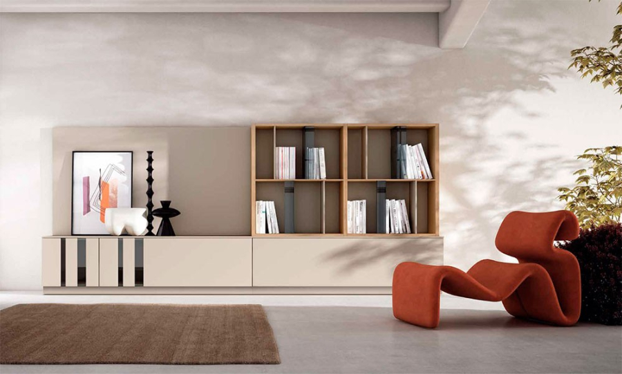 Vista en ambiente del Salón Nexa C226 de Mesegue, acabado roble y amendra lacado