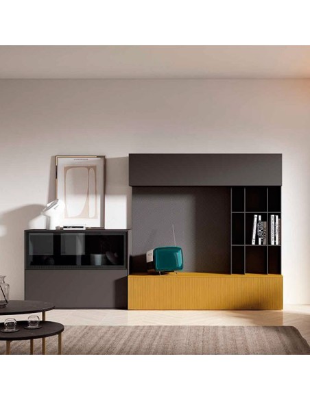 Salón Nexa C229, de Mesegue, fabricado en chapa de madera natural y lacados