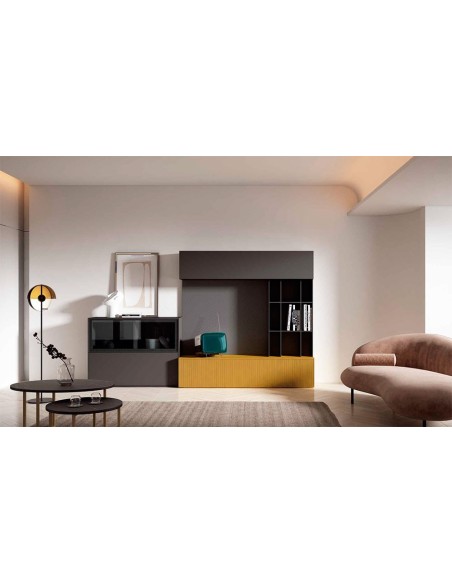 Vista ambiente del Salón Nexa C229 de Mesegue, acabados sombra y mostaza