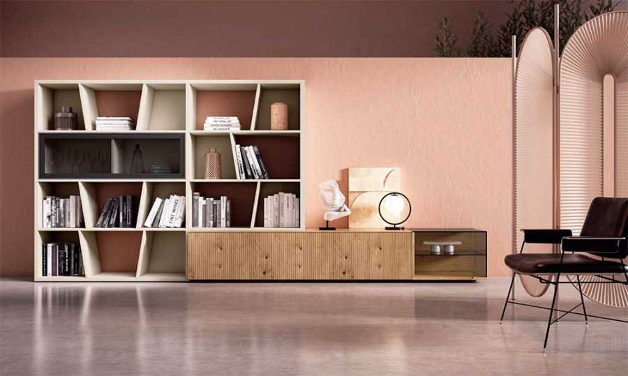 Vista frontal del Salón modular Nexa C233, acabados roble nudos y almendra