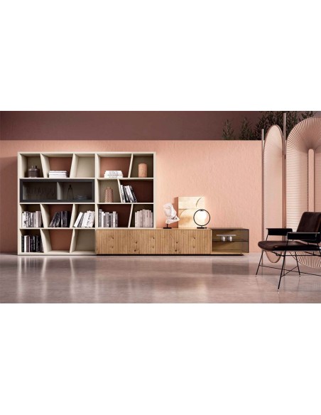 Vista frontal del Salón modular Nexa C233, acabados roble nudos y almendra