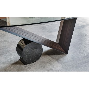 Mesa Valentino con tapa de cristal y pie central de madera 2