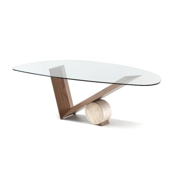 Mesa Valentino con tapa de cristal y pie central de madera