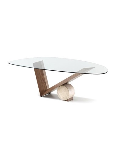 Mesa Valentino con tapa de cristal y pie central de madera