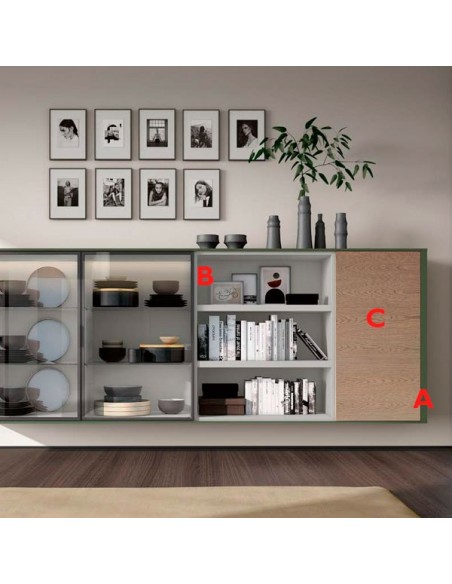 Aparador colgado Moss 11 con puertas de cristal y de madera